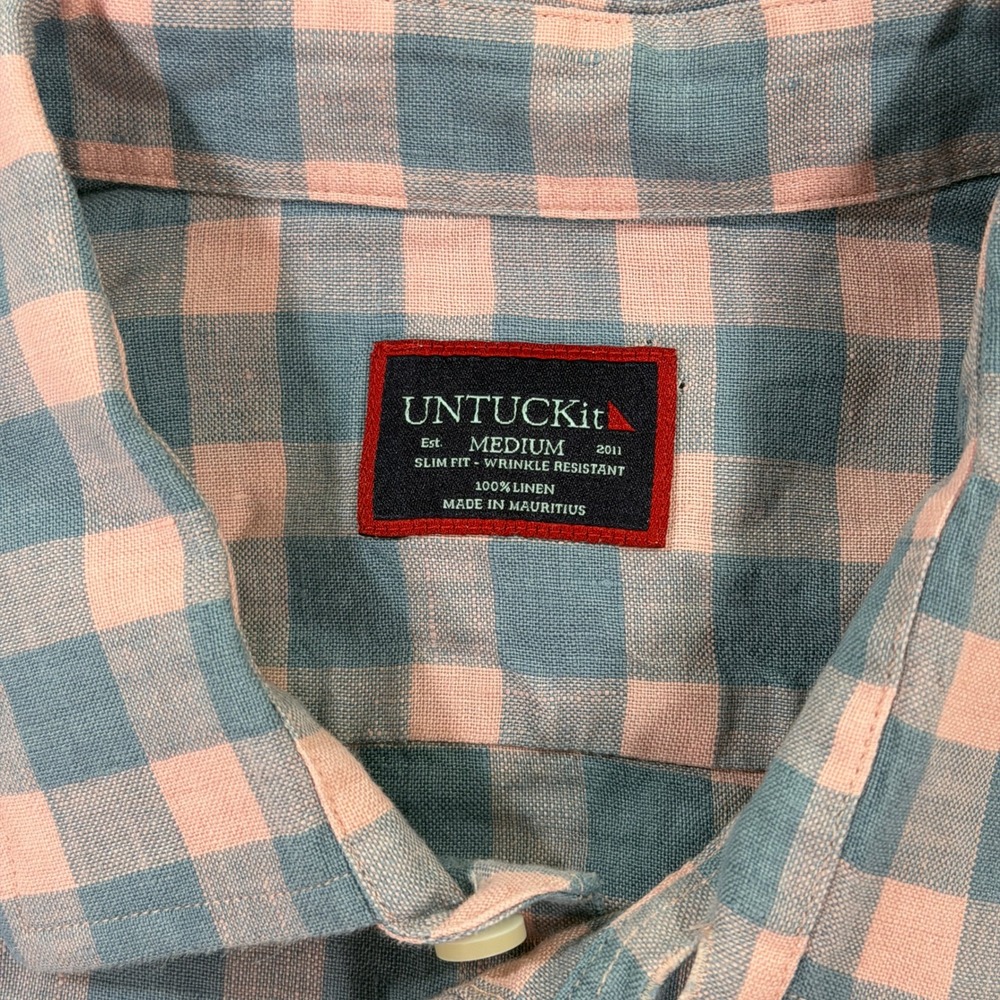 UNTUCKit Mens Medium Sutton WR Slim Fit Linen Shirt Pink Blue Gingham Check Flex - Picture 3 of 8